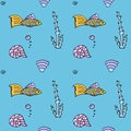 Seamless pattern with fish, corals, shells with bubbles for boys.