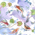 Seamless pattern with fish and dragonflies