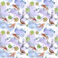 Seamless pattern with fish and dragonflies