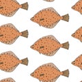 Seamless pattern of fish flounder, hand drawn. Can be used for packaging, menu, restaurant and cafe, market and etc. Vector