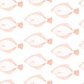 Seamless pattern of fish flounder, hand drawn. Can be used for packaging, menu, restaurant and cafe, market and etc. Vector