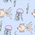 Seamless Pattern with fish, jellyfish and seaweed and bubbles.