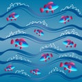 Seamless pattern with fish jumping out of the water. Image of sea waves