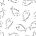 Seamless pattern with fish.A fish with a large sharp fin.Marine theme.Doodle style.Black and white image.Vector illustration Royalty Free Stock Photo