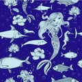 Seamless pattern with fish and mermaid