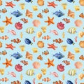 Seamless pattern with fish, seashells and starfish. Marine background. Watercolor illustration for wrapping, sea textile Royalty Free Stock Photo