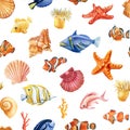 Seamless pattern with fish, seashells and starfish. Marine background. Watercolor illustration for wrapping, sea textile Royalty Free Stock Photo