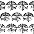 Seamless pattern with fish with umbrella. vector. zentagl. doodling