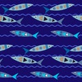 Seamless pattern with fish and waves on a blue background. Marine drawing for childrens prints. Royalty Free Stock Photo