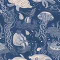 Seamless pattern with fishes and algae. Hand drawn vector illustration Royalty Free Stock Photo