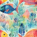 Seamless pattern with fishes. Hand drawn undersea world. Colorful artistic background. Royalty Free Stock Photo