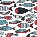 Seamless pattern with fishes. Hand drawn undersea world. Colorful artistic background. Aquarium