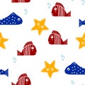 Seamless pattern with fishes. Hand drawn undersea world. Colorful artistic background. Aquarium. Royalty Free Stock Photo