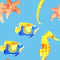 Seamless pattern with fishes, horsefish, starfish. . Watercolor