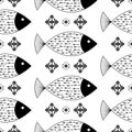 Seamless pattern fishes with Indian Native American arrows and geometric ethnic ornaments black and white vector background Royalty Free Stock Photo