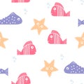 Seamless pattern with fishes and starfish. Hand drawn nautical illustrations. Marine background. Undersea world.