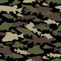 Seamless pattern of fishing camouflage. Brown green camo of freshwater fish