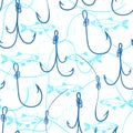 Seamless pattern with fishing hooks and fishes
