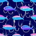 Seamless pattern with fishing hooks and fishes