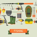 Seamless pattern with fishing supplies. Background made without clipping mask. Easy to use for backdrop, textile Royalty Free Stock Photo