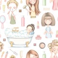 Seamless pattern with five cartoon girls who do beauty treatments and various cosmetics