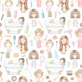 Seamless pattern with five cartoon girls who do beauty treatments and various cosmetics