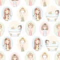 Seamless pattern with five cute girls who do beauty treatments