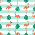 Seamless Pattern with Flamingo Bird, Tropical Leaves on Striped Background. Repeated Tropical Background. Flat Vector