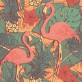 Seamless pattern with flamingo birds and pineapples