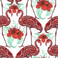Seamless pattern with flamingo decorated with floral ornament and exotic flowers. Royalty Free Stock Photo