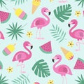 Seamless pattern with flamingo, ice cream, fruit, tropical leaf