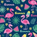 seamless pattern with flamingo, ice cream, watermelon, tropical leaf