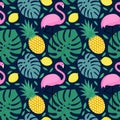 Seamless pattern with flamingo, pineapple, lemon and green palm leaves Royalty Free Stock Photo
