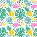 Seamless pattern with flamingo, pineapple, lemons and green palm Royalty Free Stock Photo