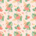 Seamless pattern with flamingo, tropical leaves and flowers. Vector Royalty Free Stock Photo