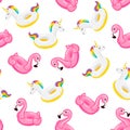 Seamless pattern flamingo and unicorn inflatable