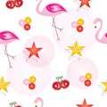 Seamless pattern with flamingos, cherry fruits and stars vector Royalty Free Stock Photo