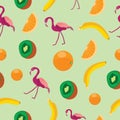 Seamless pattern with flamingos and fruits for printing on a green background, vector illustration Royalty Free Stock Photo