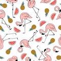 Seamless pattern with flamingos and fruits Royalty Free Stock Photo