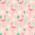 Seamless pattern with flamingos, tropical flowers, monsteras leaves and twigs