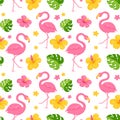 Seamless pattern with flamingos, tropical leaves and flowers. Vector background