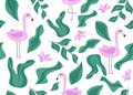 Seamless pattern with flamingos. Vector illustration with flamingo bird, plant leaves, flowers