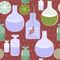 Seamless pattern with flasks, bubbles, plants, seedlings against the background of drops.