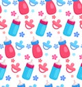 Seamless pattern with flat baby bottles and pacifiers