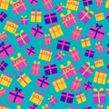 Seamless pattern of flat, bright, multi-colored gift boxes with ribbons and bows on a blue background