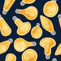 Seamless pattern of flat cartoon incandescent lamps yellow retro light bulbs vector illustration on dark background Royalty Free Stock Photo