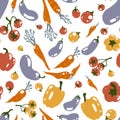 Hand drawn fresh vegetarian organic food. Seamless pattern with flat cartoon style illustration of vegetables isolated Royalty Free Stock Photo