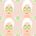 Seamless pattern flat design of a woman mask of cucumber on