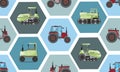 A seamless pattern with tractors for children and boys, a vector stock illustration with red and green farm machines in color