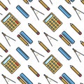 Seamless pattern with flat icons icon of ruler, compasses, pencil and calculator on white background. Vector illustration. Royalty Free Stock Photo